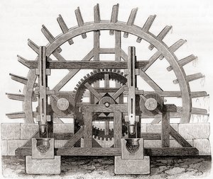 Eine Pulvermühle und ihr Wasserrad, nach einer Zeichnung aus dem 19. Jahrhundert, aus Les Merveilles de la Science, veröffentlicht um 1870 (Gravur) von French School