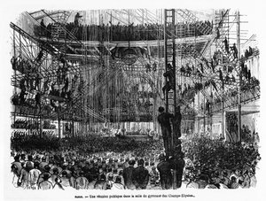 Eine öffentliche Versammlung in der Turnhalle der Champs-Elysées in Paris - in „La Presse illustrée“ Nr. 104, 30.10.1869, Sammlung Selva.