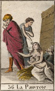 Darstellung der Armut, barfuß und in Lumpen gekleidet, sie sitzt auf Stroh. Aus „Mythologie der Jugend“ von Pierre Blanchard 1803. von French School
