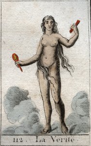 Darstellung der Wahrheit als nackte junge Frau mit aufrichtigem Gesicht, die einen Spiegel hält. Aus „Mythologie der Jugend“ von Pierre Blanchard 1803 von French School