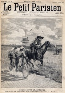 Ein Reiter im Rennen gegen Velocipedisten: William Frederic Cody (1846-1917), bekannt als Buffalo Bill, bekannt als König der Cowboys, und die Radfahrer Gaby und Fournier im Tandem. In der Zeitung „Le Petit Parisien“ am 26.11.1893 (Gravur)