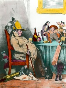 Ein sitzender Hypochonder denkt an seinen nächsten Tod Illustration für das Stück „Der eingebildete Kranke“ von Jean Baptiste Poquelin dit Moliere (1622-1673) 19. Jahrhundert Private Sammlung von French School
