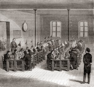 Eine Telegrafenstation in Paris, Frankreich um 1870, aus Les Merveilles de la Science, veröffentlicht um 1870 (Gravur) von French School