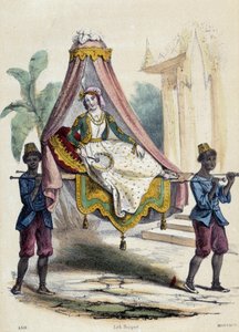Eine Frau in einer Sänfte, getragen von 2 Dienern; Illustration für Asien, in „The twelve Nations“ von M.E. Fouinet von French School