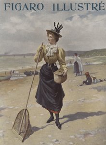 Eine Frau geht am Strand entlang und trägt Angelausrüstung