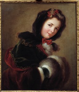 Ein junges Mädchen, gekleidet für den Winter mit Ärmel und Umhang. Gemälde der französischen Schule
