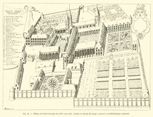 Abtei Saint-Germain des Prés um 1630, nach einer zeitgenössischen Zeichnung, aufbewahrt in der Nationalbibliothek von French School