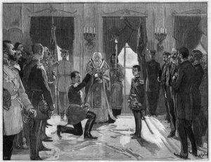 Abdankung von König Milan I. von Serbien (1854-1901), 7. März 1889: Der ehemalige König leistet seinem Sohn Alexander I. von Serbien (1876-1903), für den er gerade abgedankt hat, einen Treueeid. Gravur in „Le Monde Illustré“ Nr. 1666 vom 2. März von French School