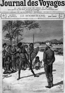 Aborigines von Australien benutzen einen Bumerang, Ende des 19. Jahrhunderts. Gravur in „Journal des Voyages“ vom 30. April