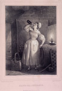 Vertrauensmissbrauch (Hausangestellter trinkt Wein im Keller) (Lithografie)