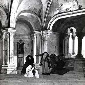 Akt IV, Szene 2 von Pelléas et Mélisande von Debussy, aus einem Foto der ersten Aufführung im April 1902 der Oper an der Opéra-Comique in Paris, Illustration in Theatre Magazine, Juni 1902