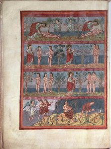 Adam und Eva, aus der Moutier-Grandval-Bibel, illuminiert in der karolingischen Abtei St. Martin, Tours, Latein, ca. 834-843