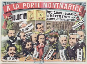 Werbung für einen Kleidungsausverkauf im Pariser Kaufhaus La Porte Montmartre, ca. 1880