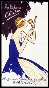 Werbekarte für Oleriss-Parfums von der Parfümerie Générale du Dauphiné von French School