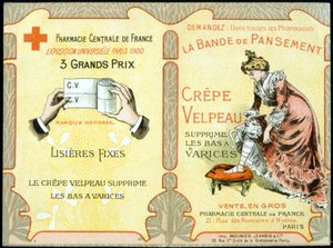 Werbekarte für „Der Velpeau-Kreppverband entfernt Krampfadern“. 19. Jahrhundert. von French School