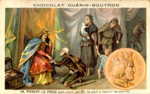 Werbechromolithografie von Schokoladen Guerin Boutron, Robert II. genannt Der Fromme König der Franken von 996 bis 1031. Der König füttert gerne die Armen von French School