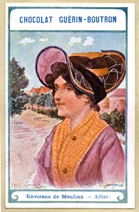 Werbe-Chromolithographie von Chocolats Guerin Boutron, die Kopfbedeckungen der Regionen Frankreichs, Umgebung von Moulins, Allier, Illustration Emile Jammes von French School