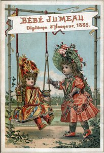 Werbung für Zwillingspuppen im Jahr 1885 des Twin House. (Erste Weltfabrik für die Herstellung von schönen Puppen)