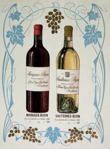 Werbung für den Verkauf von Wein Margaux-Bijon (Margaux Bijon) und Sauternes-Bijon (Sauternes Bijon), 25frs für 12 Flaschen, 50frs für 25
