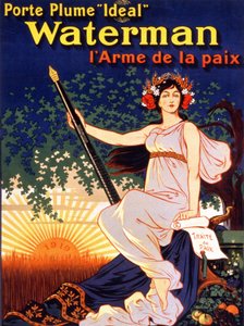 Werbeplakat für „Ideal Waterman Füllfederhalter, die Waffe des Friedens“ (eine Frau hält den Friedensvertrag und eine Waterman-Feder). Lithographie 1919
