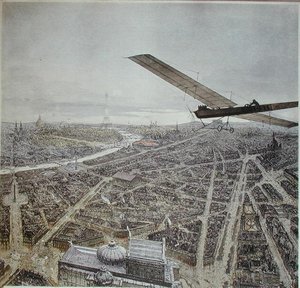 Flugzeug über Paris, Illustration für einen Kalender von 1911