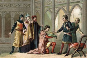 Nach dem Tod von Ludwig X. ging die Krone an seinen jüngeren Bruder Philipp V. genannt Le Long (1294-1322) über. Die Szene wird von den drei feudalen Ständen beobachtet