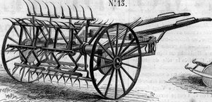 Landwirtschaftsmaschine: ein englischer Doppelheuwender, präsentiert auf dem Pariser Landwirtschaftswettbewerb im Jahr 1860. Gravur in „Le Monde Illustré“ Nr. 172 vom 28. Juli 1860. von French School