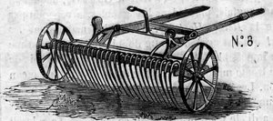 Landwirtschaftsmaschine: ein englischer Pferderechen, präsentiert beim Pariser Landwirtschaftswettbewerb 1860. Gravur in „Le Monde Illustré“ Nr. 16 vom 7. Juli 1860.