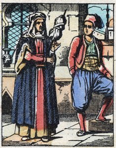Aladin und seine Mutter leben von ihrer Arbeit. Gravur der Geschichte aus Tausendundeine Nacht „Aladin und die Wunderlampe“. Epinal-Bild, Ende des 19. Jahrhunderts. Private Sammlung. von French School