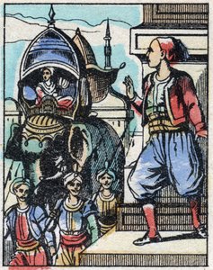 Aladin verliebt sich in die Tochter des Sultans. Gravur der Geschichte aus Tausendundeine Nacht „Aladin und die Wunderlampe“. Epinal-Bild, Ende des 19. Jahrhunderts. Private Sammlung. von French School