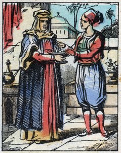 Aladin legt prächtige Diamanten in eine goldene Schale und schickt seine Mutter, um sie dem Sultan anzubieten, um seiner Tochter einen Heiratsantrag zu machen. Gravur aus dem Märchen Tausendundeine Nacht "Aladin und die Wunderlampe". Epinal-Bild, Ende des 