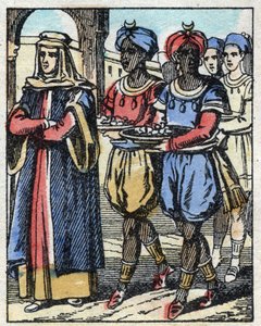 Aladin schickt erneut seine Mutter, begleitet von Sklaven, die Geschenke tragen, um der Tochter des Sultans einen Heiratsantrag zu machen. Gravur aus dem Märchen „Aladin und die Wunderlampe“ aus Tausendundeine Nacht. Epinal-Bild, Ende des 19. Jahrhunderts.