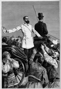 Alexander von Battenberg - Prinz Alexander I. nach seiner Abdankung, gefeiert vom Volk beim Verlassen von Sofia. Gravur in „Die Illustrierte Welt“.