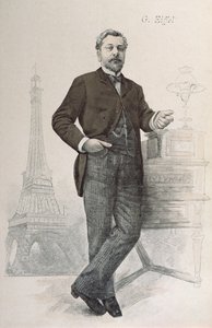 Alexandre Gustave Eiffel posiert an seinem Schreibtisch mit einer Zeichnung des Eiffelturms, Illustration aus La Revue Illustrée, 1888 von French School