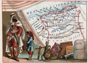 Algerien in Afrika und die Provinz Oran, Frankreich. Serie über die französischen Departements. Import von Feigen, Baumwolle, Tabak, Achat und Blei. Chromolithographie "Der geografische Faden", ca. 1920. Private Sammlung
