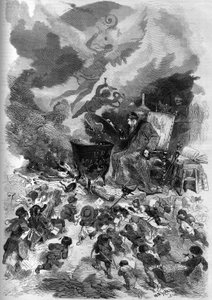 Allegorie des Plebiszits von Napoleon III. im Jahr 1870. Die Plebiszit-Urne wird zu einem Topf, in dem die Volksabstimmung köchelt. Das Feuer wird durch das Totholz des alten Baums der französischen Verfassung genährt. Gravur von Edmond Morin in „The Illus von French School