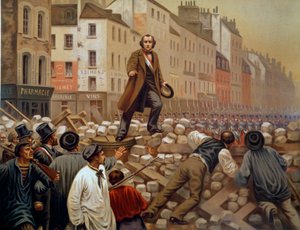 Alphonse Baudin (1811-1851) auf der Barrikade der Faubourg Saint Antoine am 3.12.1851 während des Staatsstreichs von Louis Napoleon III. (Louis-Napoleon Bonaparte). Gravur von 1851 von French School