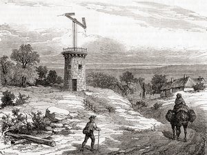 Ein Lufttelegrafenmast im 18. Jahrhundert, aus Les Merveilles de la Science, veröffentlicht um 1870 (Gravur)