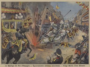 Anarchistischer Bombenanschlag auf die Hochzeitsprozession von König Alfons XIII. und Königin Victoria Eugenie von Battenberg in Madrid
