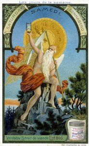 Antike Gottheit hält eine Sanduhr als Symbol der vergehenden Zeit zur Veranschaulichung des Samstags. Liebig Chromolithographische Werbekarte