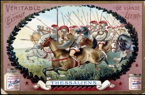 Antikes Griechenland: Thessalien in der Antike. Thessalische Kavallerie greift die Römer an. Liebig Chromolithographie aus dem späten 19. Jahrhundert. von French School
