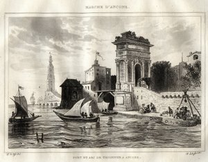 Ancona - Italien - Der Bogen von Trajan, antikes römisches Werk, Apollodoro zugeschrieben - Der Bogen befindet sich in Ancona - Gravur aus „Italien malerisch“ - Historische und beschreibende Malerei von Italien“ von M. de Norvins, Ch. Nodier 1834-1836