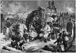 Jährliches Fest der kleinen Schornsteine in den Straßen von London, England, Mai 1860. Während des Tanzes zur Feier des Frühlingsanfangs sammelt ein Kind Spenden bei den Zuschauern; Gravur in „Le Monde Illustré“ Nr. 160 vom 12. Mai 1860. von French School