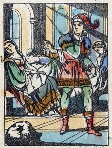 Anonyme Illustration für „Dornröschen“, Märchen von Charles Perrault (1628-1703), französischer Schriftsteller. Holzstich von Imaging Pellerin - Epinal, Ende des 19. Jahrhunderts