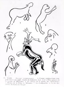 Anthropoide Figuren in prähistorischen Höhlen, aus Les Artistes Préhistoriques von Morin-Jean, 1933