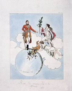 Apotheose von Napoleon Bonaparte während des Staatsstreichs vom 18. Brumaire Jahr VIII (9.11.1799). (Nymphen präsentieren ihm Lorbeer und Füllhorn) von French School