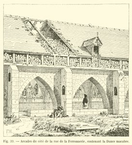 Arkaden auf der Seite der Rue de la Ferronnerie, mit der Totentanz von French School