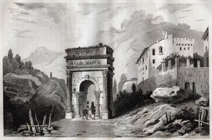 Bogen des Augustus (Susa) - Gravur aus „Italy Picturesque - Historical and Descriptive Painting of Italy“ von M. de Norvins, Ch. Nodier 1834-1836. von French School