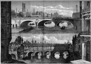 Architektur, Paris: Ansichten der alten Brücke au Change (1639-1647) im Jahr 1660 und der neuen Brücke, die 1860 gebaut wurde. Gravur in „Le Monde Illustré“ Nr. 184 vom 20. Oktober 1860