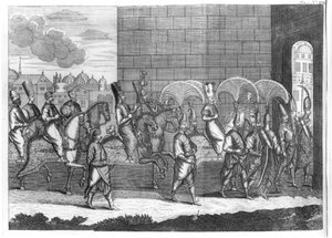 Ankunft des Sultans Mustafa in Konstantinopel, aus Voyages de Sr A. de la Motraye en Europe, Asie et Afrique, veröffentlicht 1727 von French School